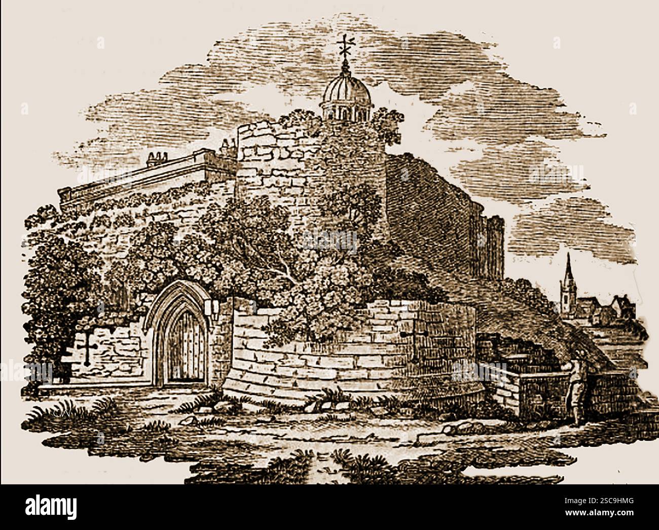 Une gravure très ancienne montrant le vieux château de York (Royaume-Uni) avant sa démolition en 1701 Banque D'Images