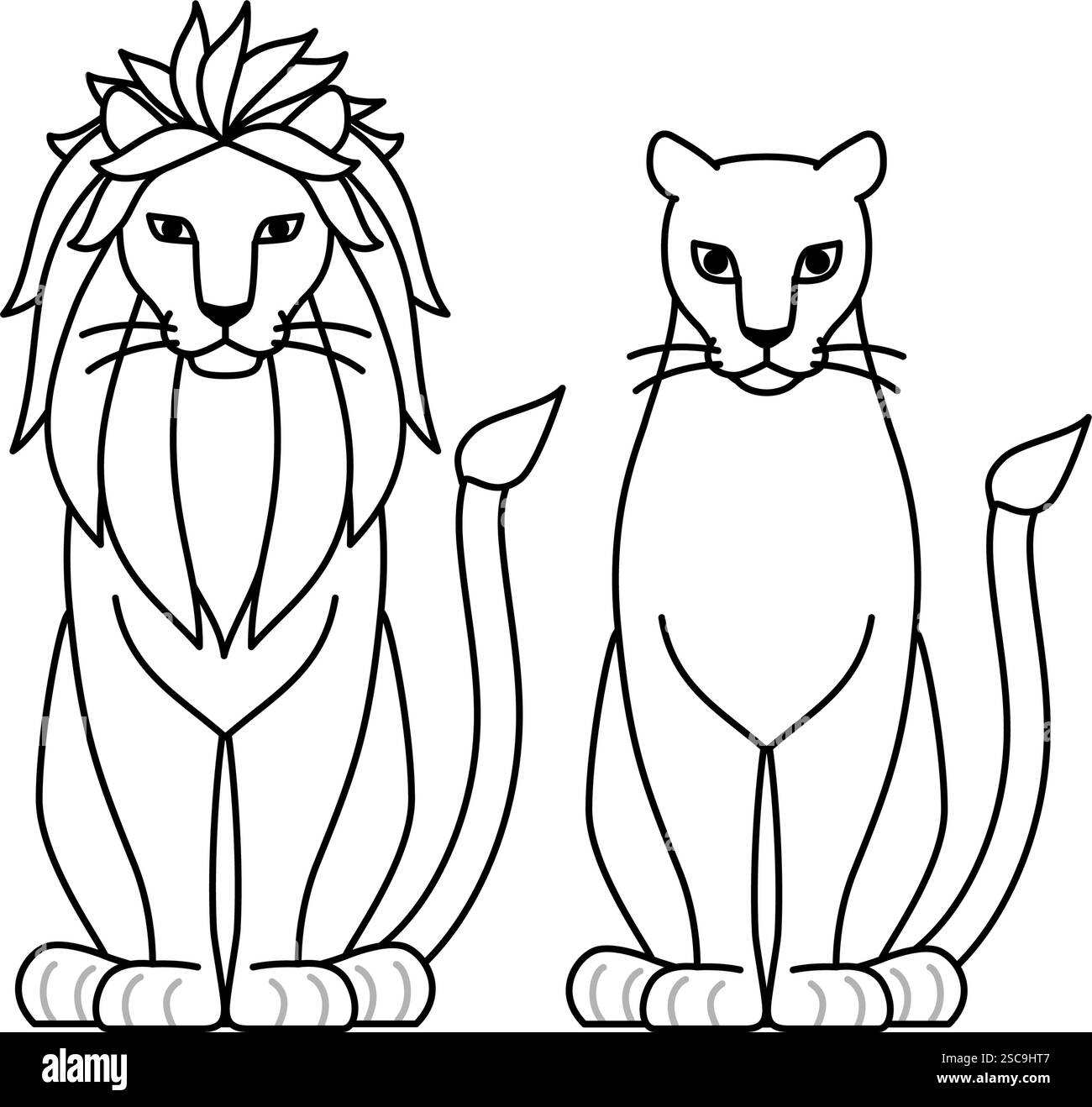 Dessin au trait simple d'un lion face avant, mâle et femelle, illustration vectorielle Illustration de Vecteur