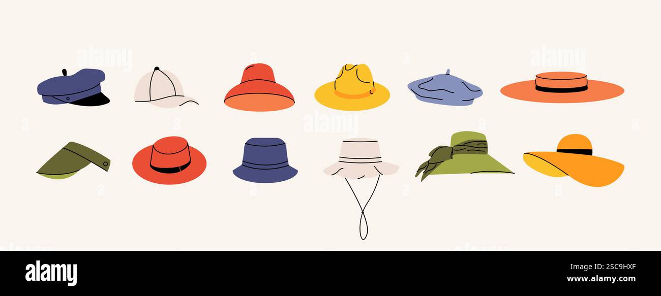 Chapeaux d'été. Coiffure tendance pour hommes femmes élégantes, chapeau de paille d'éléments de vêtement plat simple, chapeau vintage, casquette, panama, coiffe moderne. Jeu de dessins animés vectoriels Illustration de Vecteur