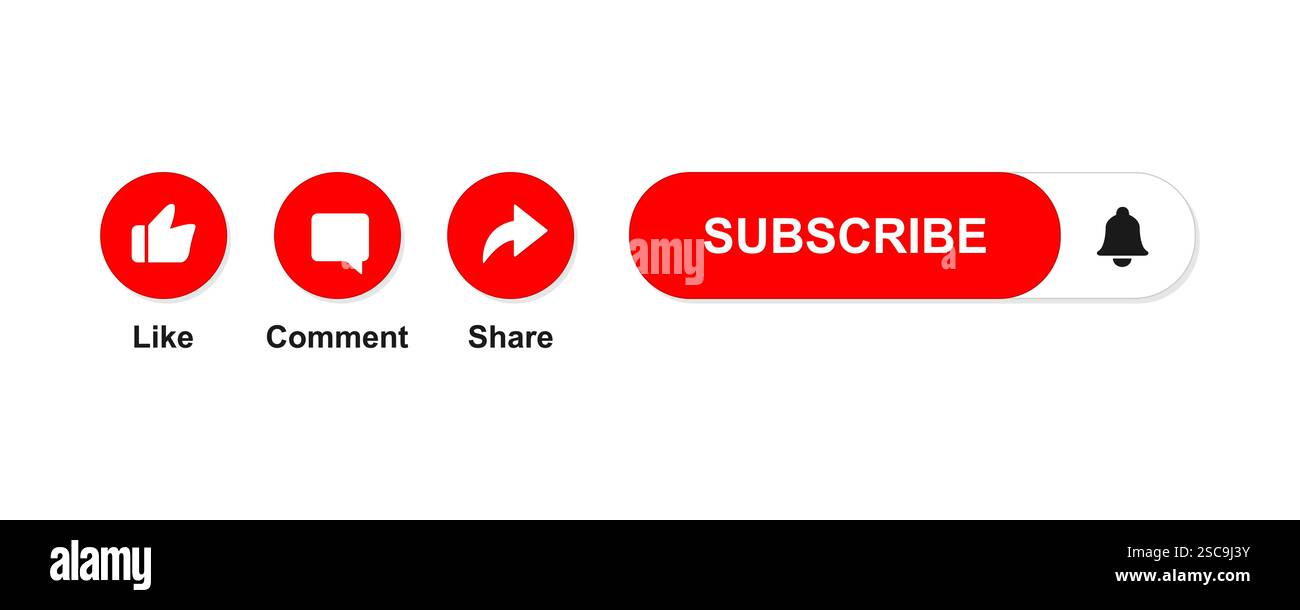 J'aime, commenter, Partager et s'abonner icône illustration vectorielle. Ensemble d'icônes de bouton d'abonnement Bell, Like, commentaire, signe de partage pour le canal, blog Illustration de Vecteur