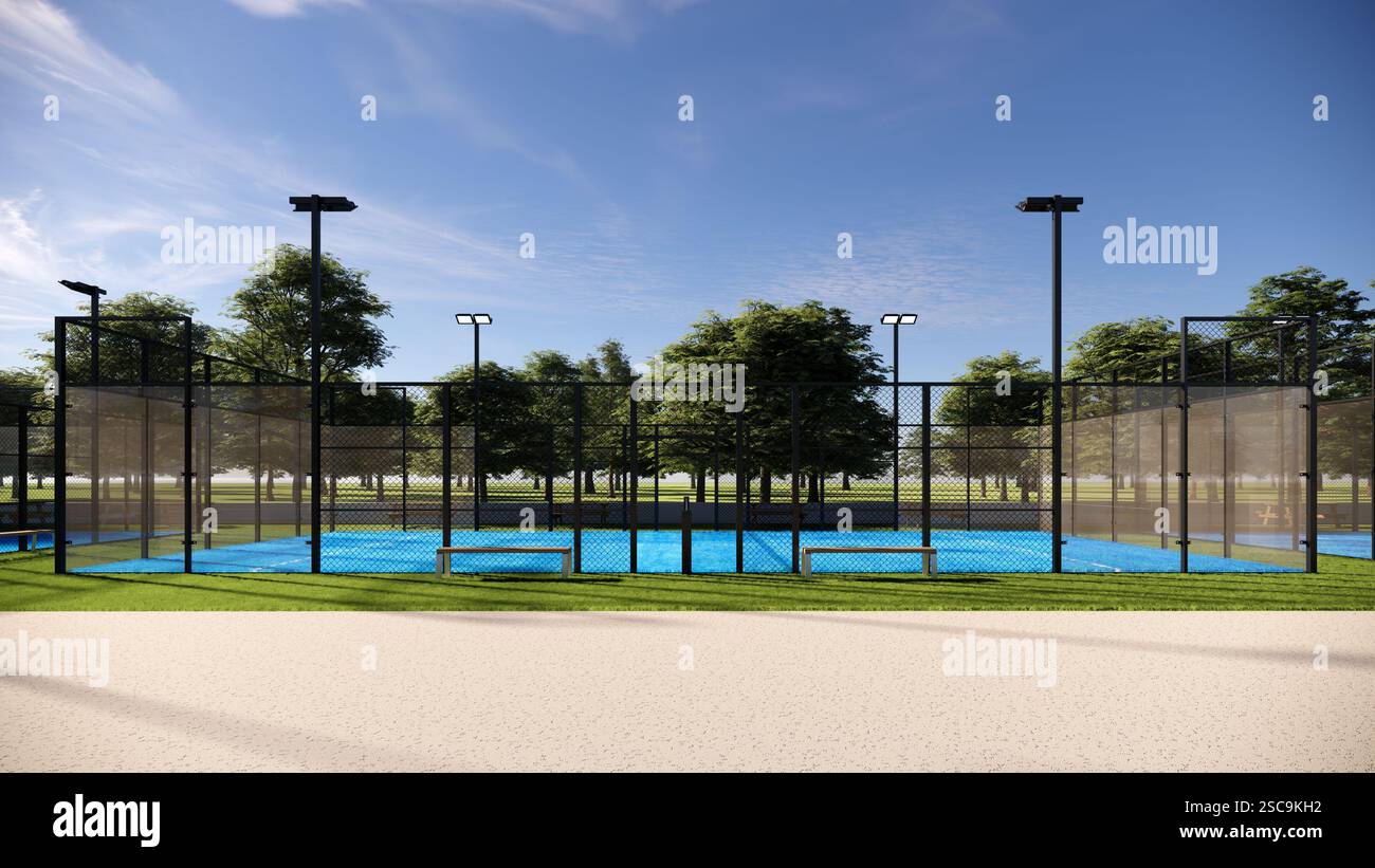 terrain de padel extérieur avec une surface bleue, équipé de projecteurs et de verre Banque D'Images