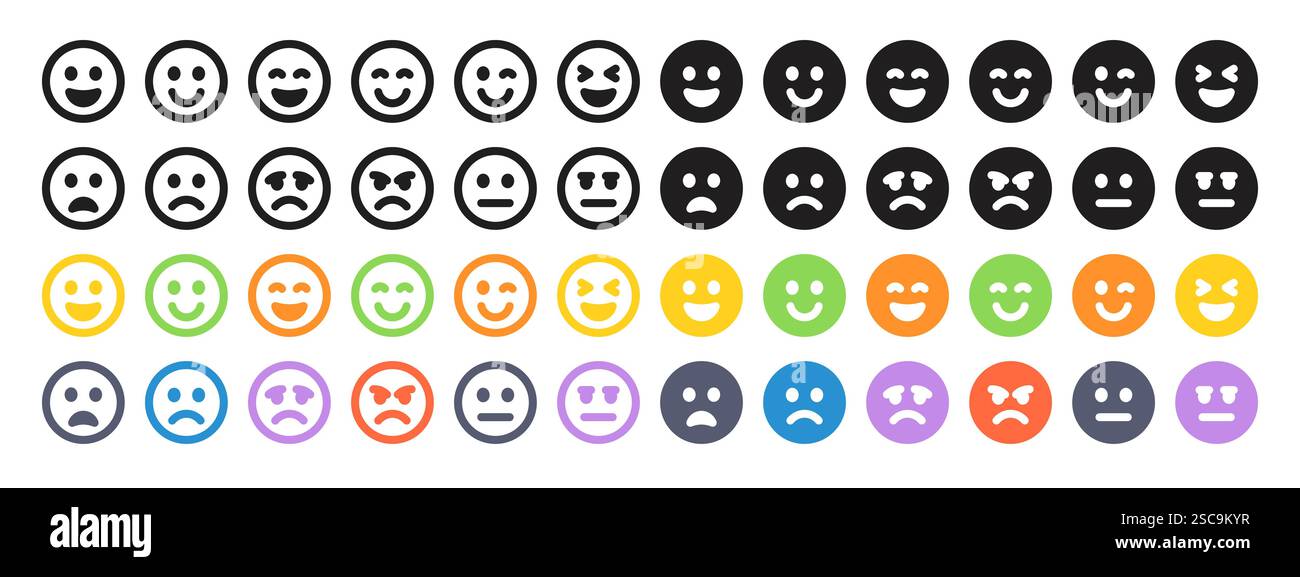 Ensemble d'émoticônes avec différentes humeurs. Collection emoji faces. Emojis style plat. positif et négatif dans le style de ligne. Illustration vectorielle. Illustration de Vecteur