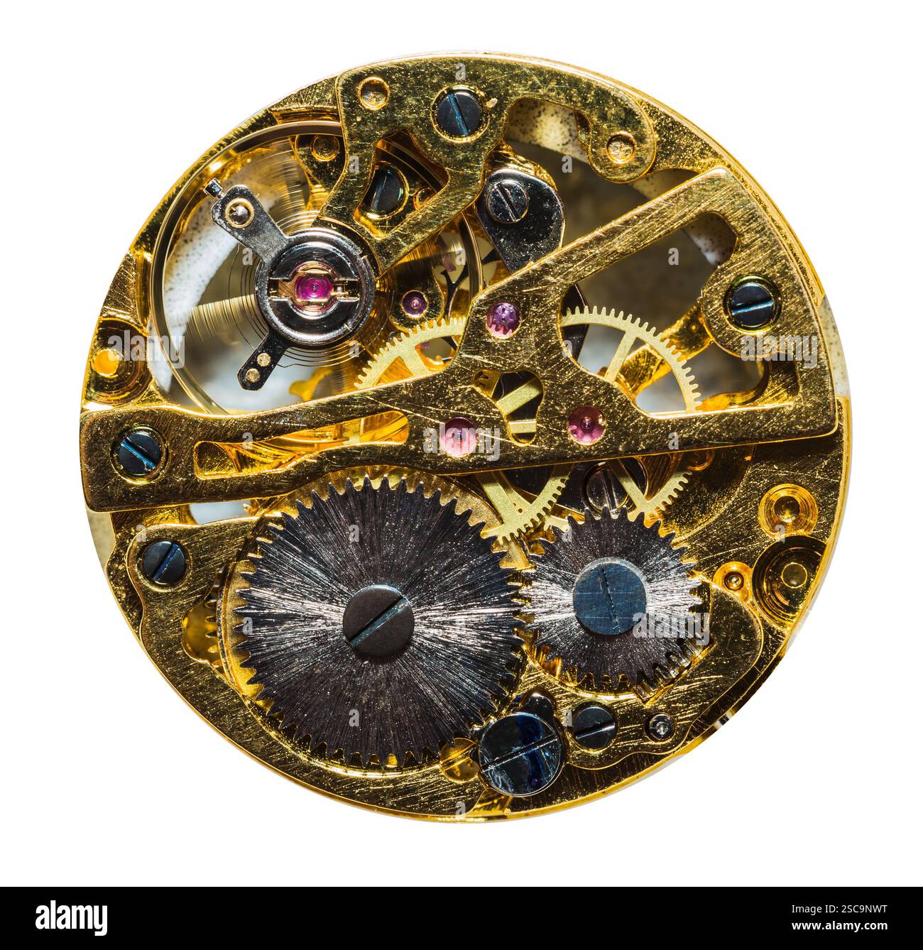 Partie de l'horlogerie avec engrenages et rubis. Acier et laiton. Banque D'Images