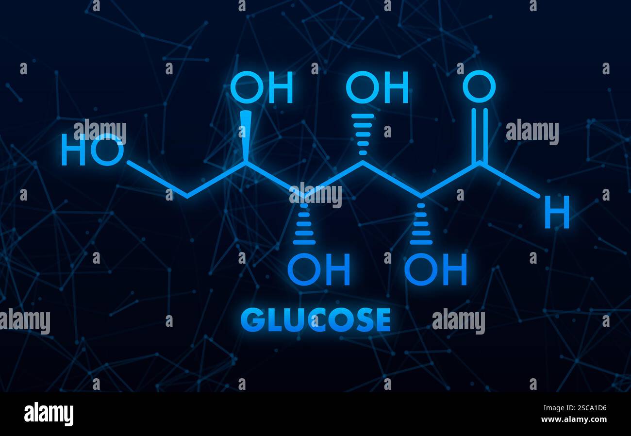 Structure moléculaire du glucose avec lignes bleues brillantes sur fond sombre Illustration de Vecteur