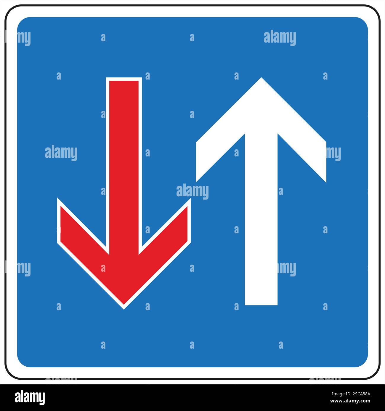 Un panneau routier prioritaire bleu et blanc indiquant le sens de la marche vers le haut est prioritaire sur le sens de la marche vers le bas Illustration de Vecteur