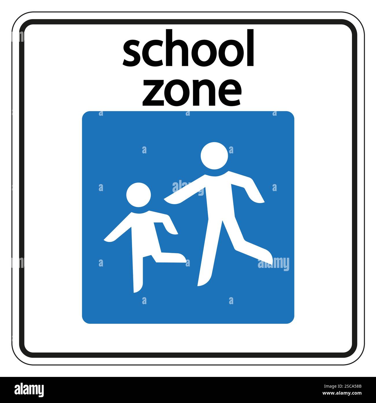 Panneau routier bleu et blanc de la zone scolaire montrant deux enfants traversant, encourageant la sécurité et la prudence des conducteurs Illustration de Vecteur