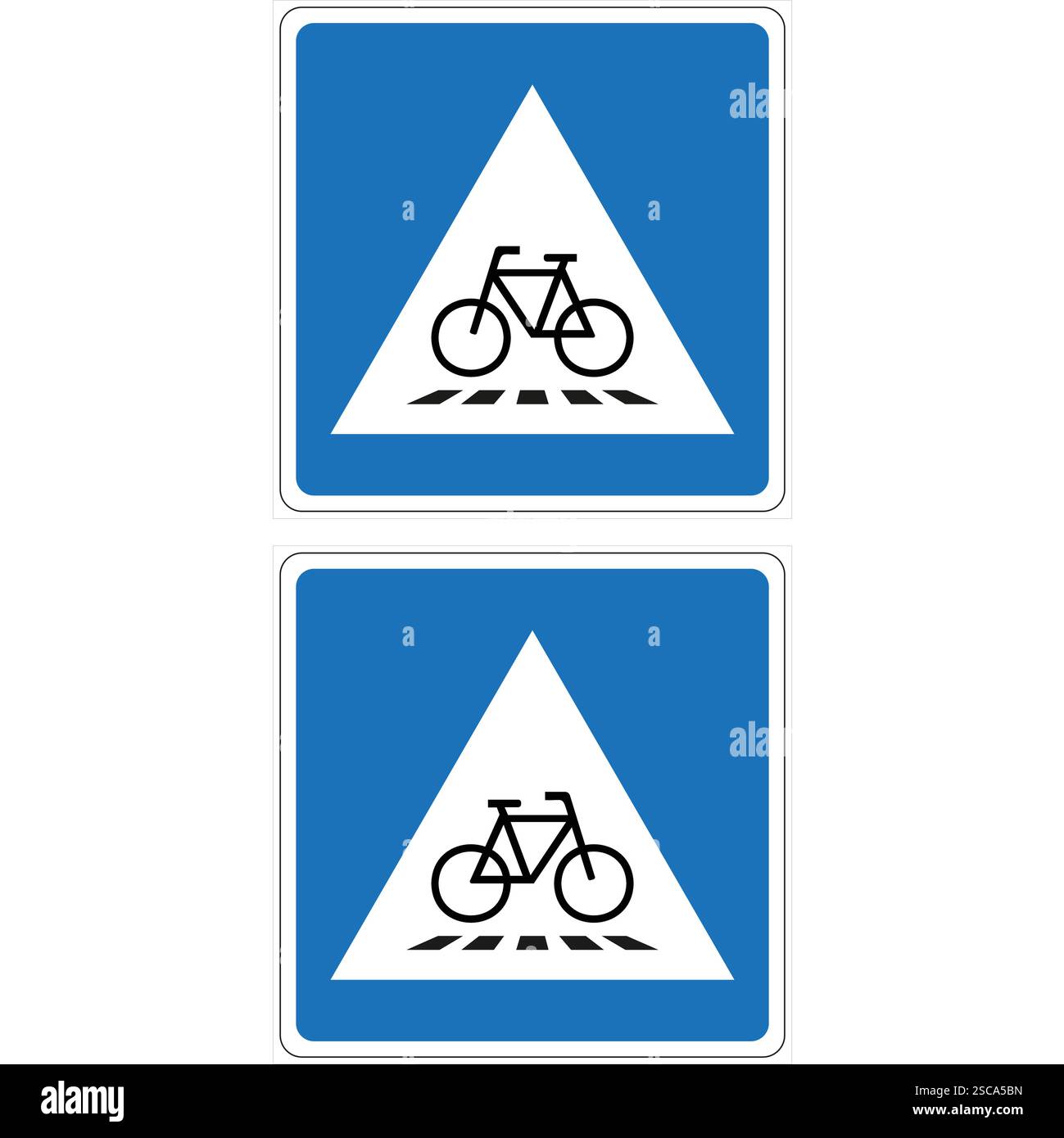 Deux panneaux de signalisation bleus verticaux indiquant une zone de passage à vélo désignée avec un triangle blanc et un symbole de vélo noir. Illustration de Vecteur