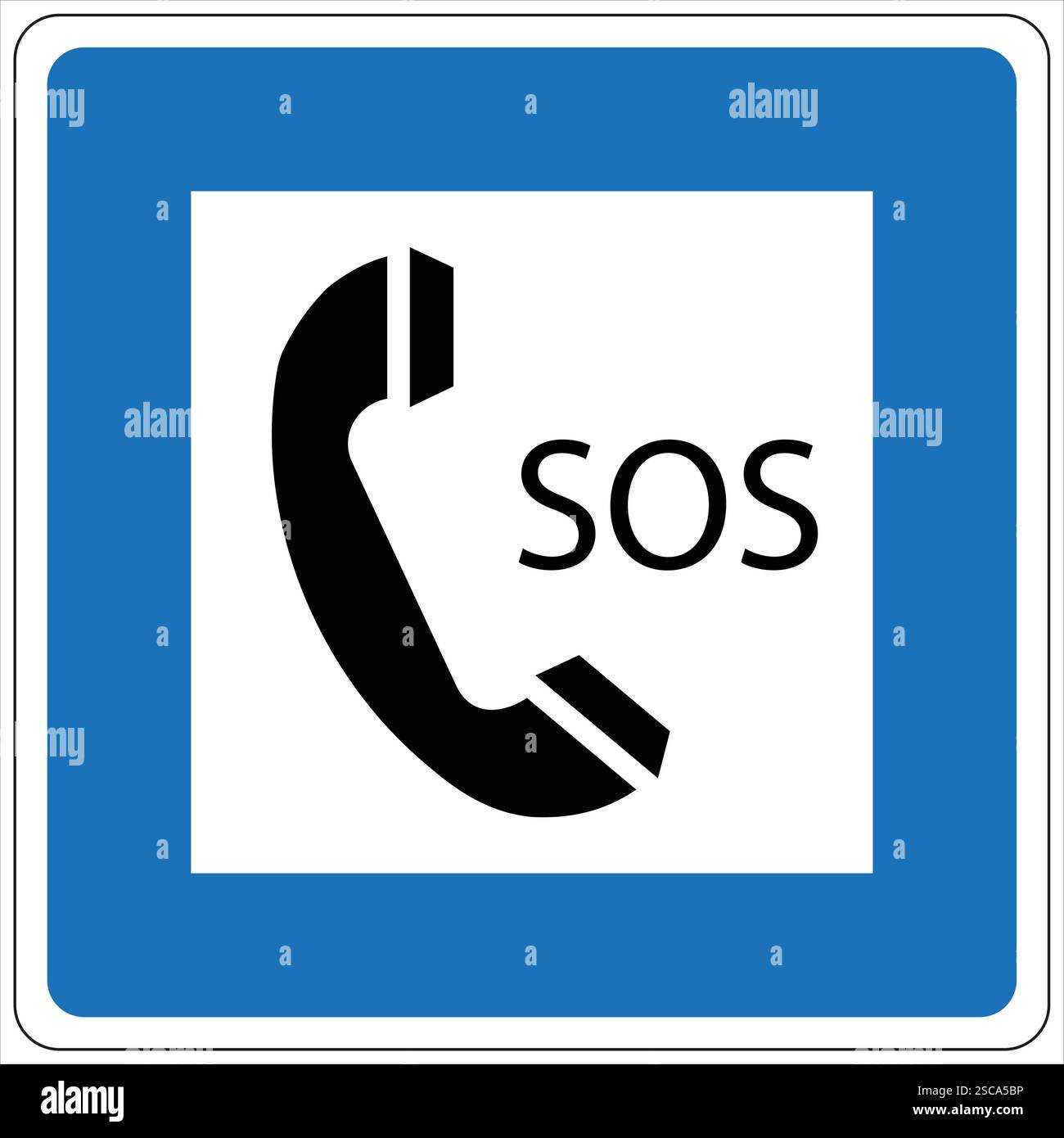 Panneau routier bleu et blanc avec un symbole de téléphone noir et un message sos, indiquant un service d'appel d'urgence Illustration de Vecteur