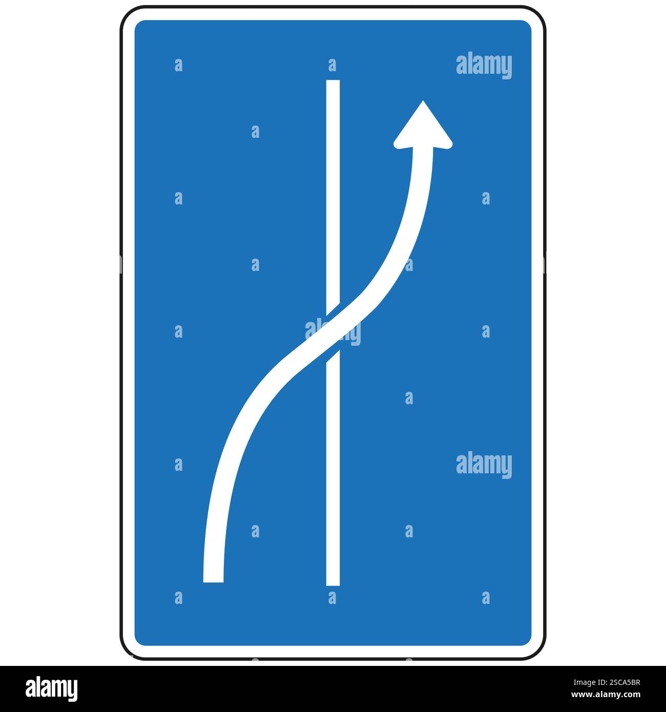 Panneau de signalisation bleu et blanc indiquant une voie supplémentaire qui rejoint la voie actuelle et continue tout droit Illustration de Vecteur