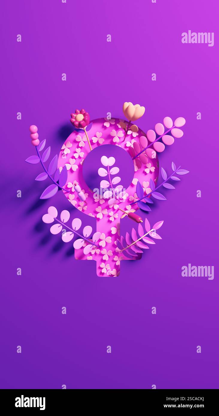 Les médias sociaux de la journée des femmes publient le fond avec le symbole féminin, les ornements floraux et l'espace de copie dans l'illustration 3D. 8 mars pour féminisme, indépendance, EM Banque D'Images