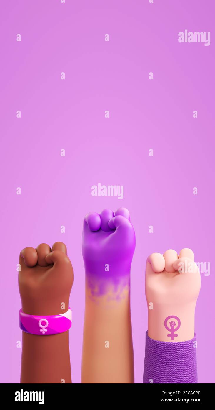 Publication sur les médias sociaux de la Journée de la femme avec trois poings levés divers sur un fond violet symbolisant l'autonomisation des femmes, le féminisme et l'égalité des sexes dans 3 Banque D'Images
