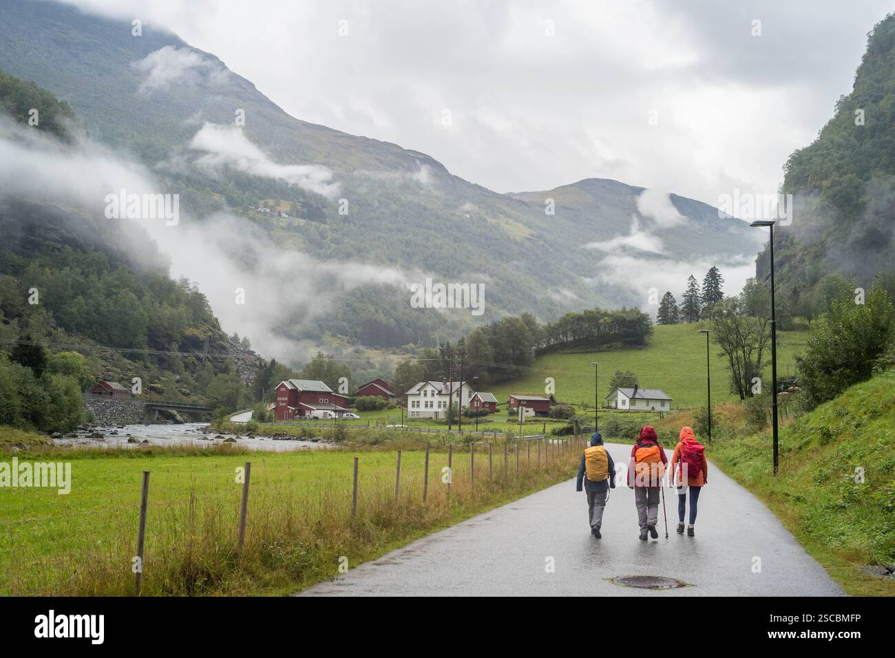 Promeneurs sur la route du village de Flam depuis le port lors d'une journée brumeuse dans Flam Valley Norvège Banque D'Images