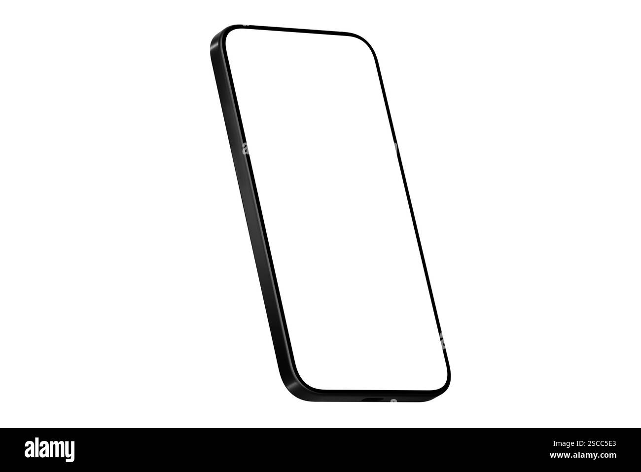 Smartphone iPhone maquette avec écran blanc isolé sur un fond blanc est les trois quarts Banque D'Images