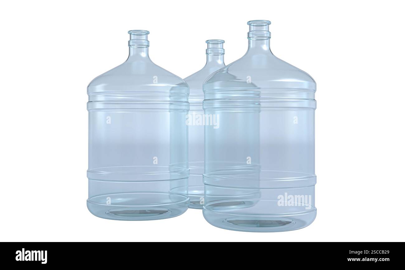 Trois grandes bouteilles d'eau sur fond transparent 3D. Banque D'Images