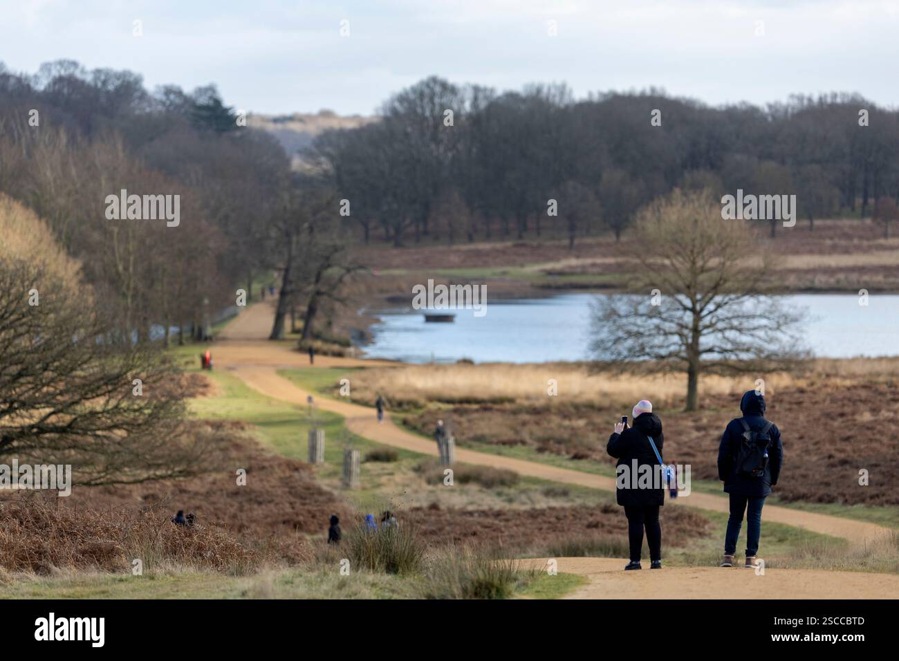 Londres, Angleterre. 6 février 2025. Les gens marchent Richmond Park avec Pen Ponds à l'horizon. Richmond Park dans le sud de Londres, Angleterre. Crédit photo : SMP / Alamy Live News Banque D'Images