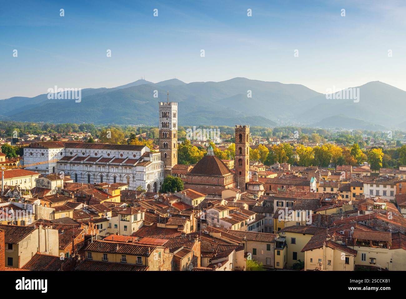 Lucques vue aérienne panoramique de la ville et de la cathédrale San Michele in Foro. Région Toscane, Italie, Europe. Banque D'Images