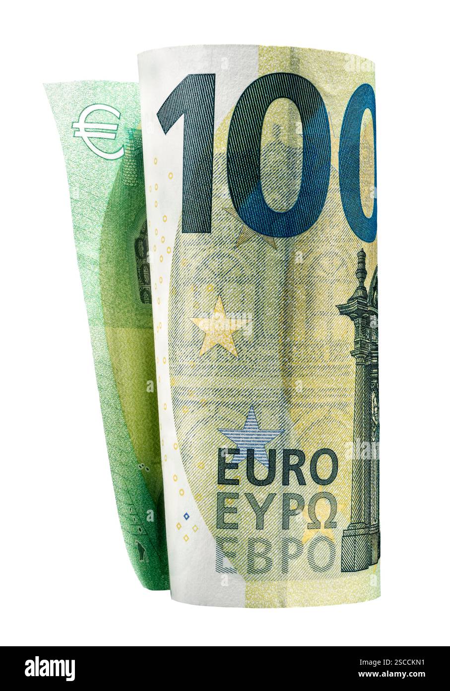 Un billet de cent euros roulé et découpé Banque D'Images