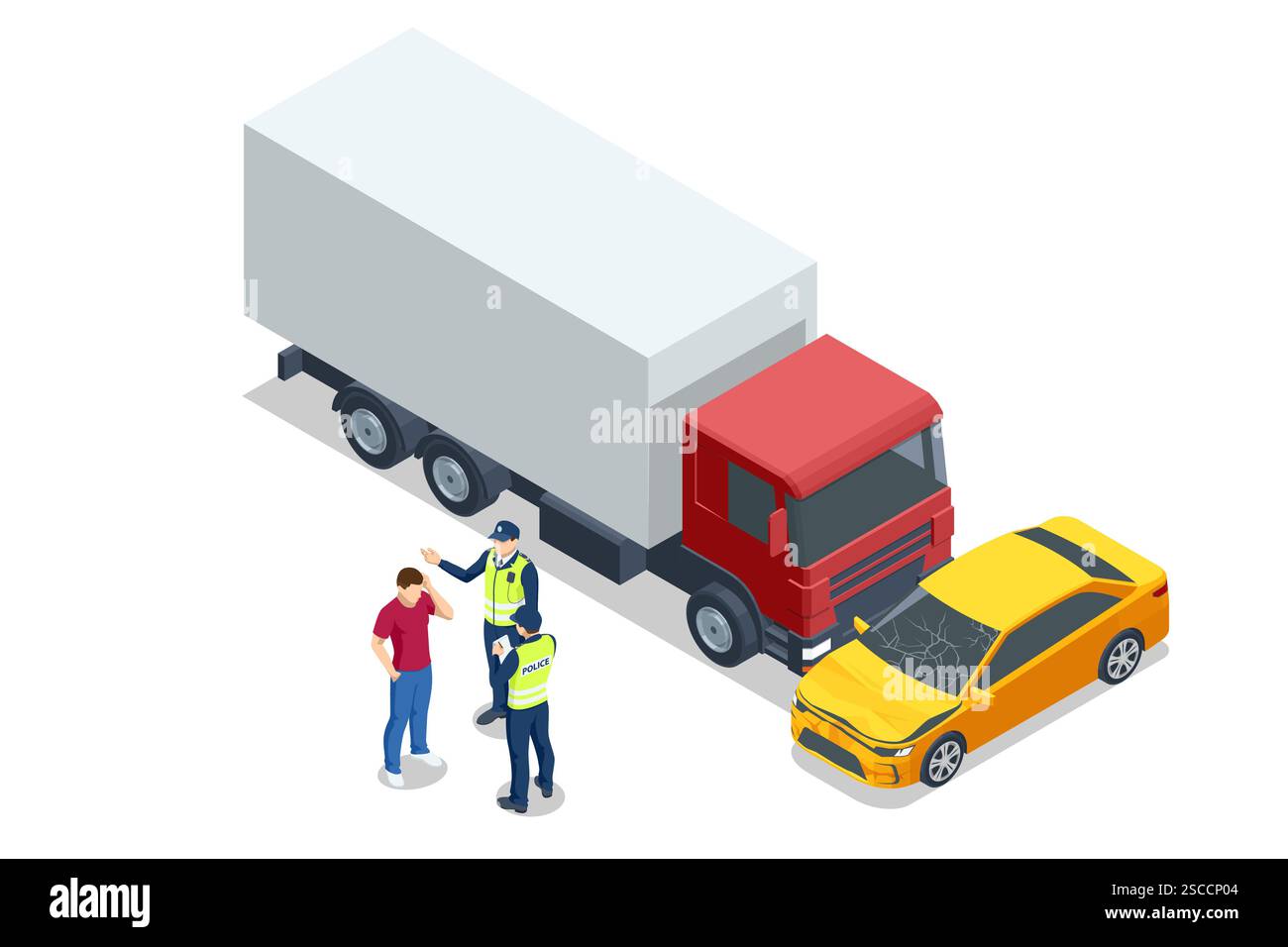 Accident de voiture. Scène vectorielle isométrique d'un accident de la route impliquant un camion, une voiture, une police et une ambulance. Les paramédicaux assistent une personne blessée pendant que la police Illustration de Vecteur