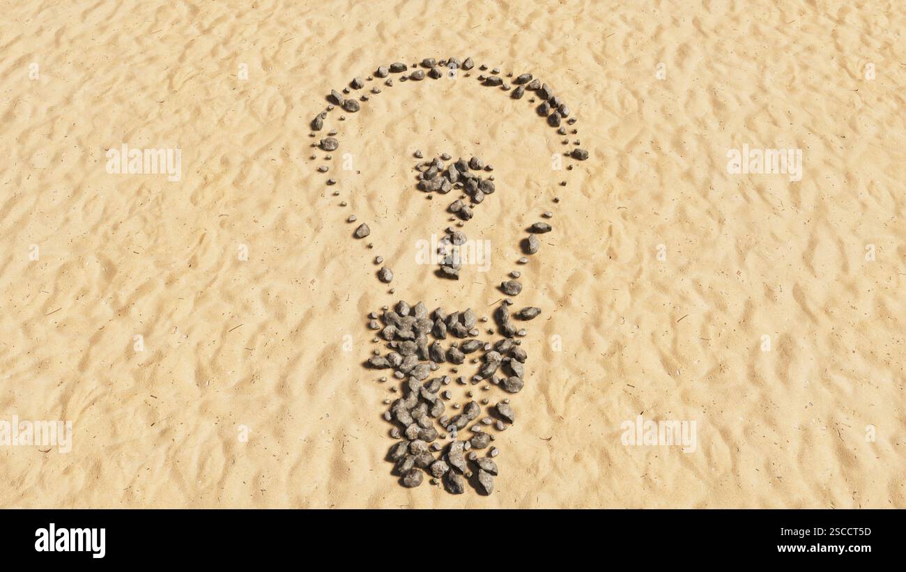 Concept pierres conceptuelles sur sable de plage forme de symbole fait main, fond de sable doré, signe d'ampoule. 3d métaphore de l'illustration pour l'inspiration Banque D'Images