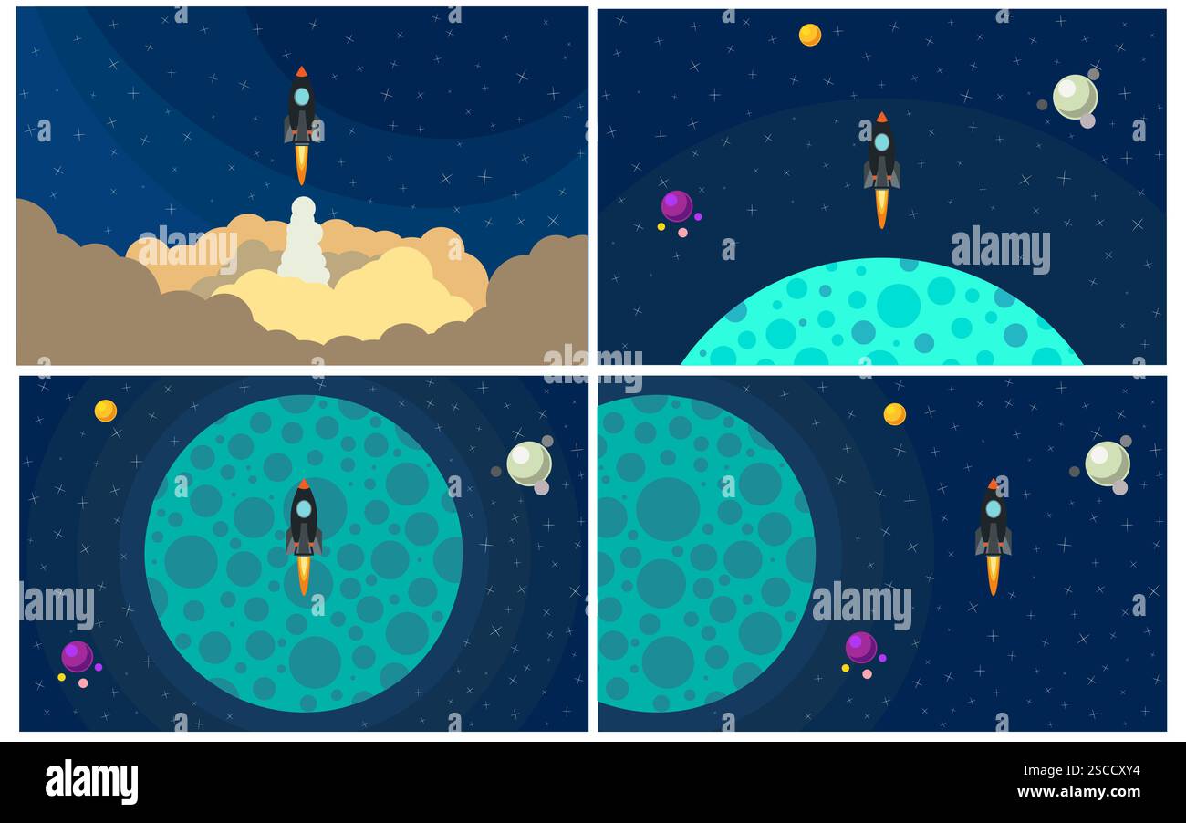 Ensemble de quatre illustrations vectorielles avec fusée volante. Voyage spatial. Illustration de Vecteur