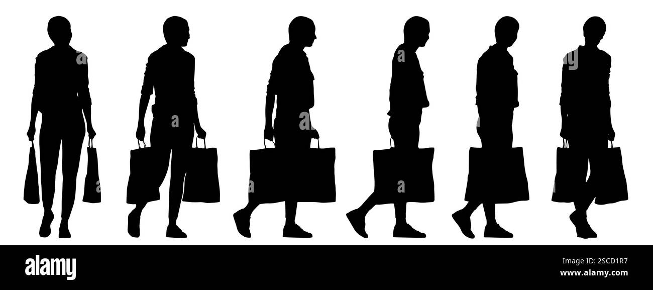 Vector concept silhouette noire conceptuelle d'une femme tenant des sacs à provisions de différentes perspectives isolées sur fond blanc Illustration de Vecteur