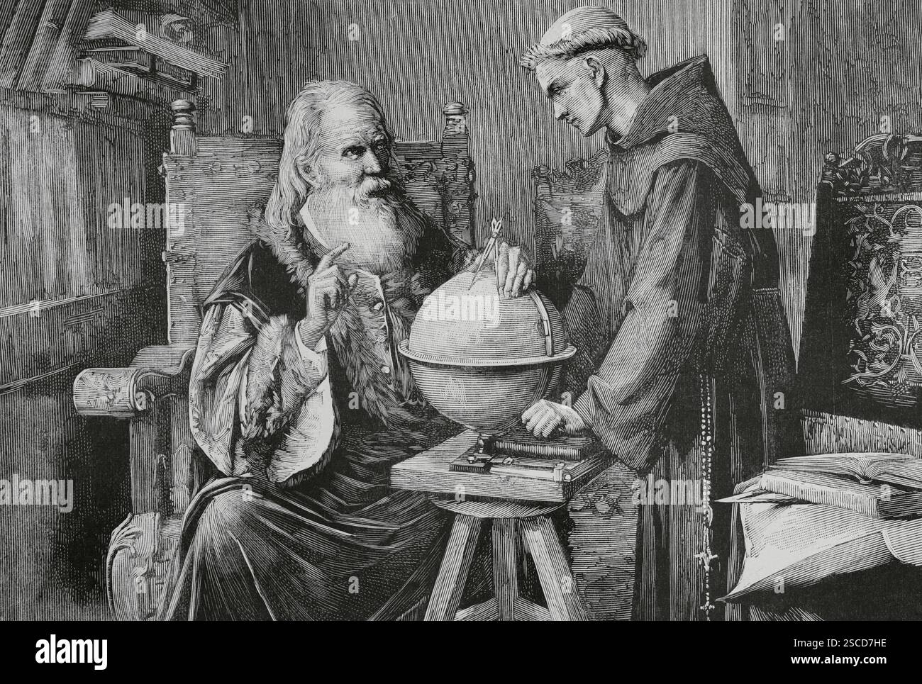 Galileo Galilei (1564-1642). Astronome, mathématicien et physicien italien. Galilée démontrant les nouvelles théories astronomiques à l'Université de Padoue. Gravure d'après un tableau de 1873 de l'artiste mexicain Félix Parra (1845-1919). L'illustration espagnole et américaine (la Ilustración Española y Americana), 1884. Banque D'Images