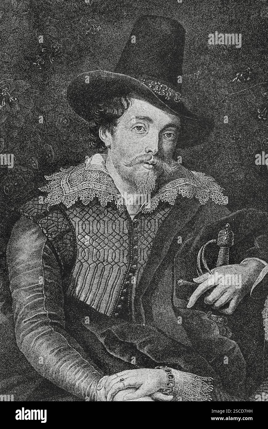Pierre Paul Rubens (1577-1640) Peintre baroque flamand. Gravure d'après une peinture de Rubens intitulée 'Autoportrait avec sa femme Elizabeth Brant', 1609, pendant la première année de mariage. Détail. L'illustration espagnole et américaine (la Ilustración Española y Americana), 1884. Banque D'Images