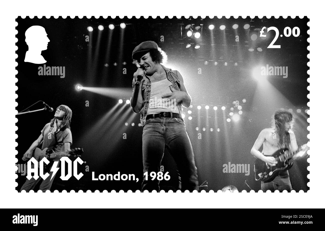 Non exclusif : Royal mail dévoile une série de 8 timbres célébrant le groupe de rock AC/DC en marquant le 50ème anniversaire de leurs débuts révolutionnaires Banque D'Images