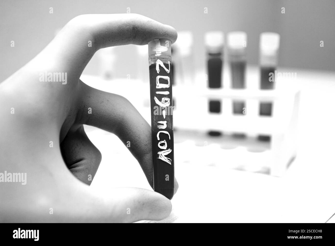 Image en noir et blanc d'une main tenant un tube à essai marqué 2019-nCoV en laboratoire Banque D'Images