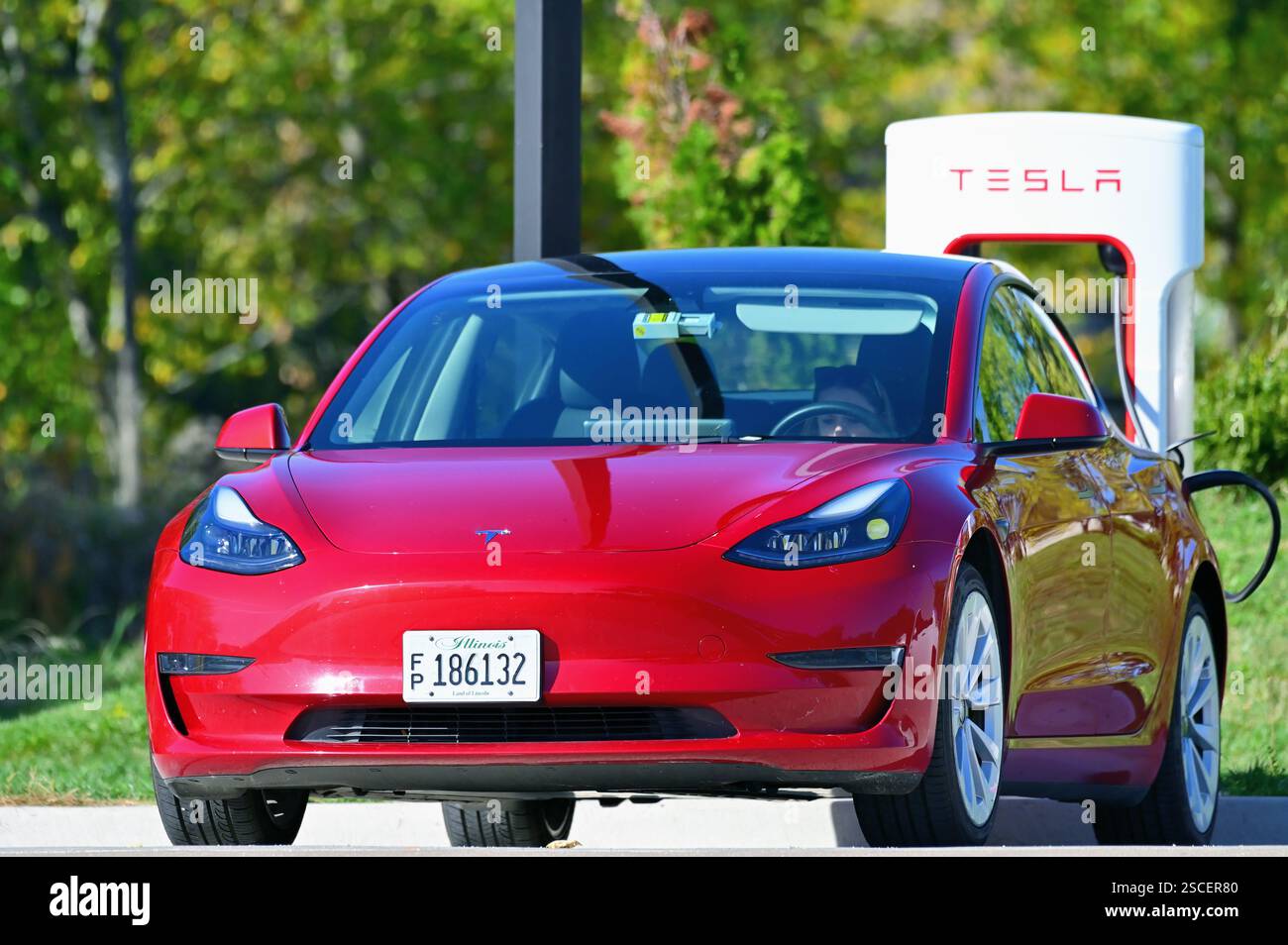 Rochelle, Illinois, États-Unis. Tesla en cours de recharge à une station de recharge de véhicule électrique Tesla. Banque D'Images