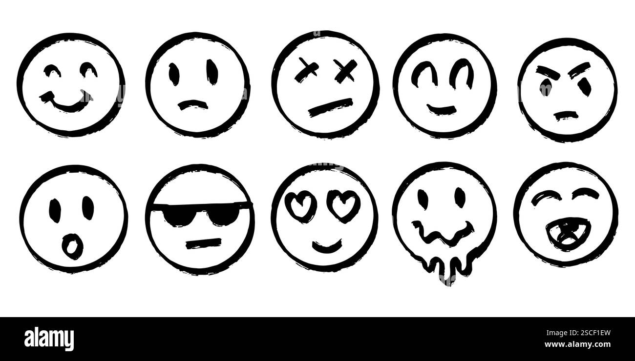 ensemble d'emoji dans des formes rondes. différentes émotions pour les médias sociaux ou les bannières. visages en colère et heureux dans le style grunge dessinés à la main Illustration de Vecteur