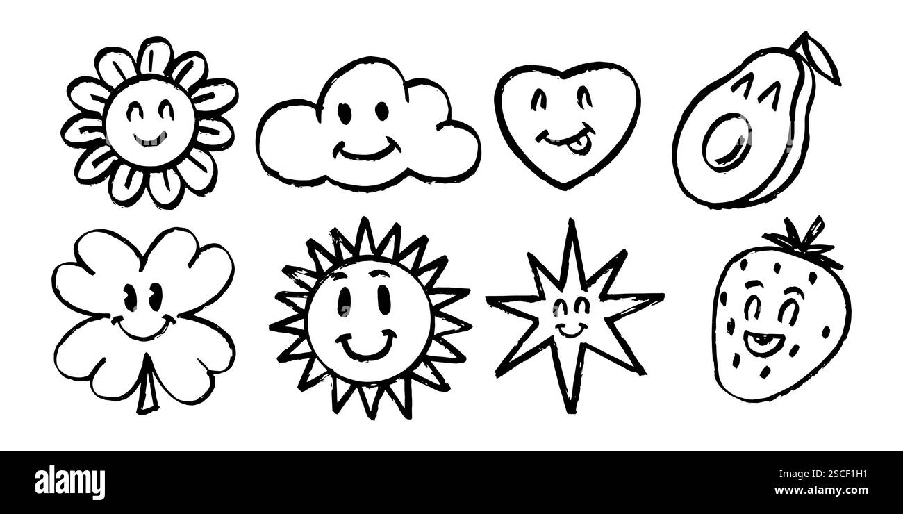 Dessins animés kawaii fruits fleurs et nuage avec des visages. Sun grunge expressions emoji avec différentes émotions. Avocat mignon et trèfle dessiné à la main Illustration de Vecteur