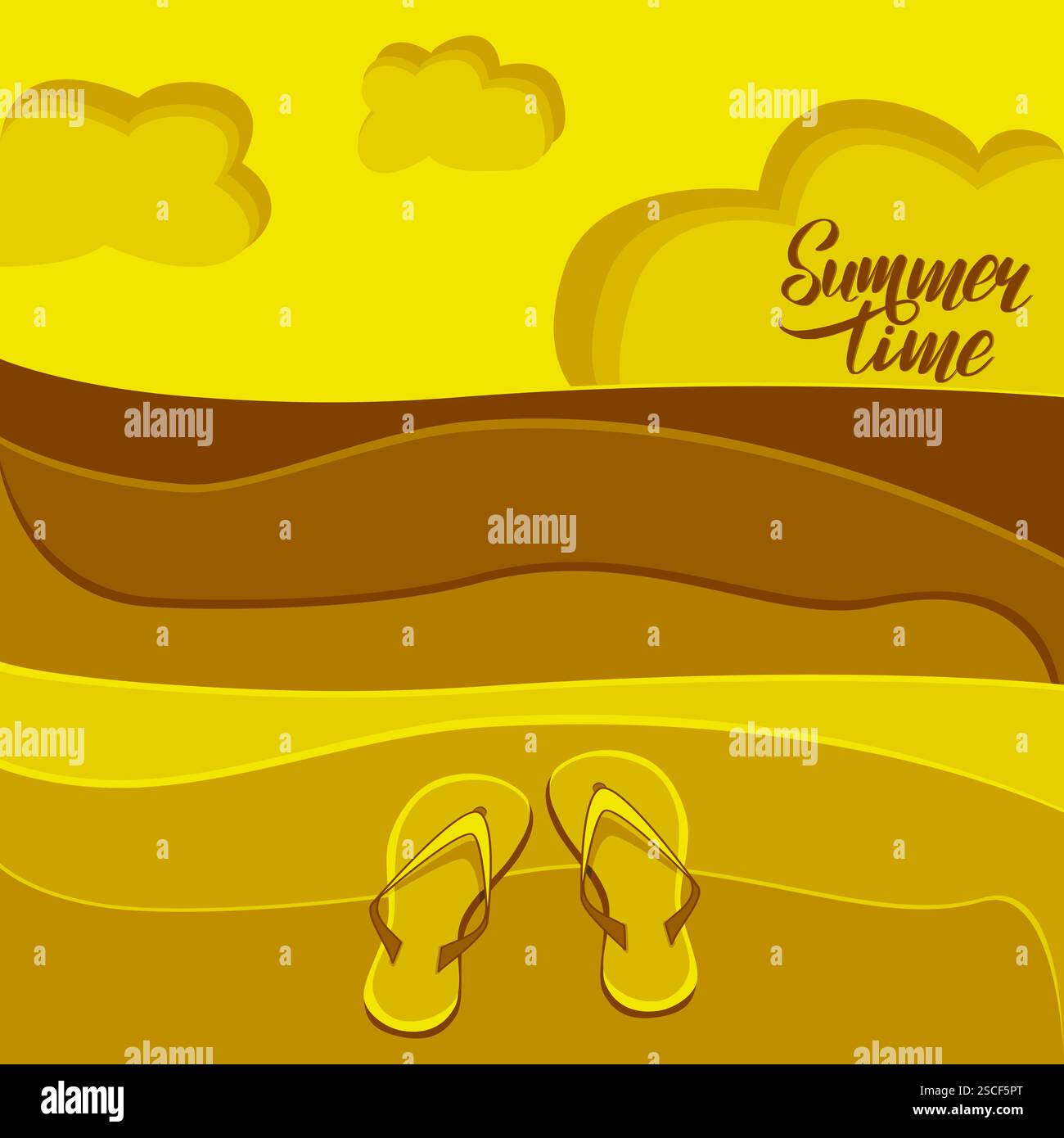 Paysage marin avec plage et sandales illustration vectorielle avec texte heure d'été Illustration de Vecteur