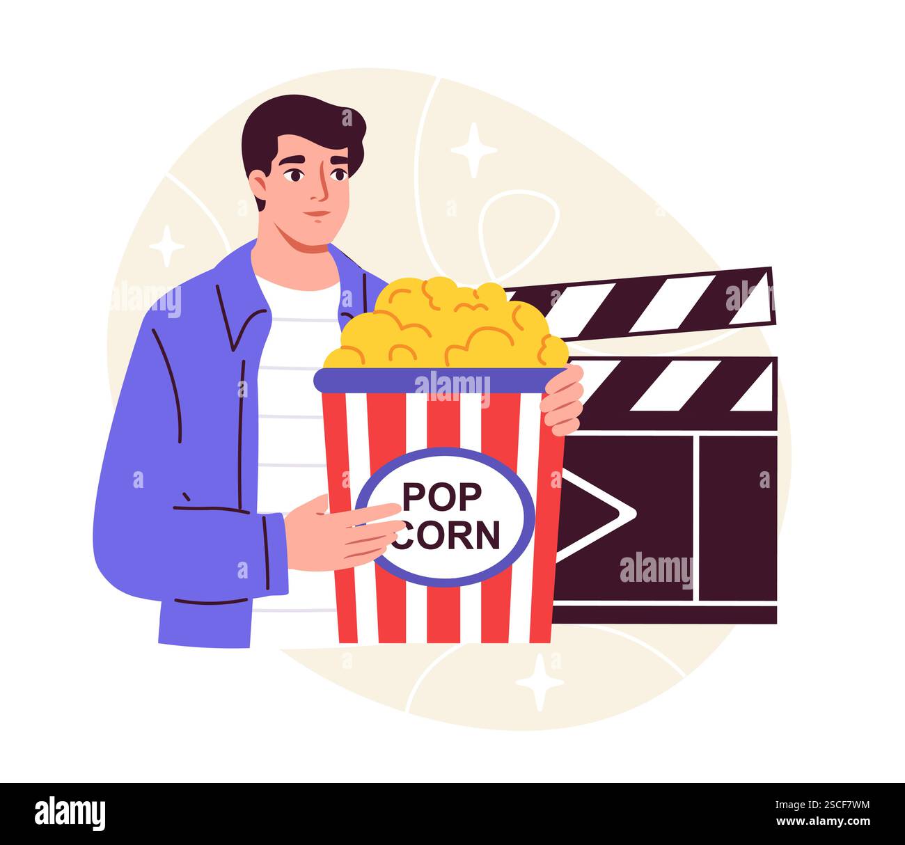 Concept de l'industrie cinématographique. Homme avec pop-corn près de claquette. Production de films et de séries télévisées, réalisation de films. Divertissement et divertissement. Prospectus et livret. Plat Illustration de Vecteur