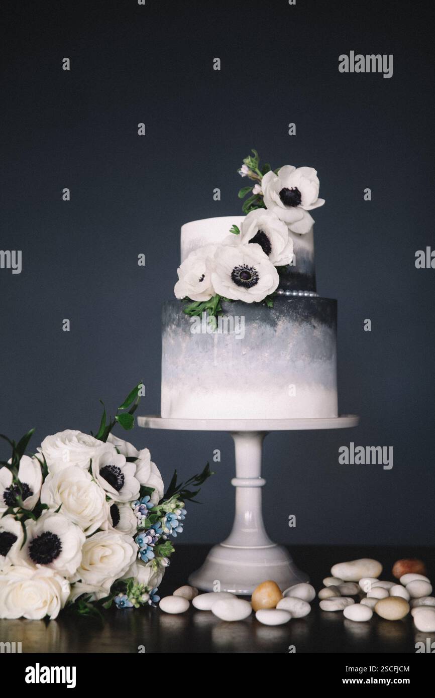 Un gâteau de mariage à deux niveaux magnifiquement conçu est élégamment placé sur un piédestal blanc. Le gâteau présente un glaçage gris ombré et est décoré avec du vrai Banque D'Images