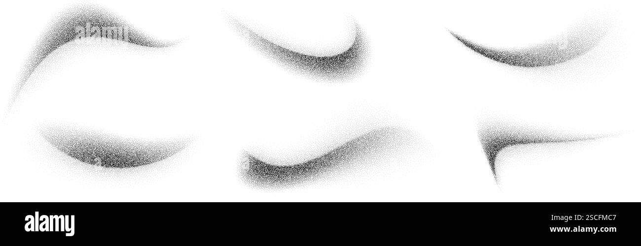 Jeu de coups de pinceau courbes pointillés. Collection d'éléments de pulvérisation à grains ondulés. Pack éclaboussures de sable noir. Faisceau d'ombres à gradient de bruit en pointillé. Ondes texturées de particules de poussière éclaboussées. Vecteur Illustration de Vecteur