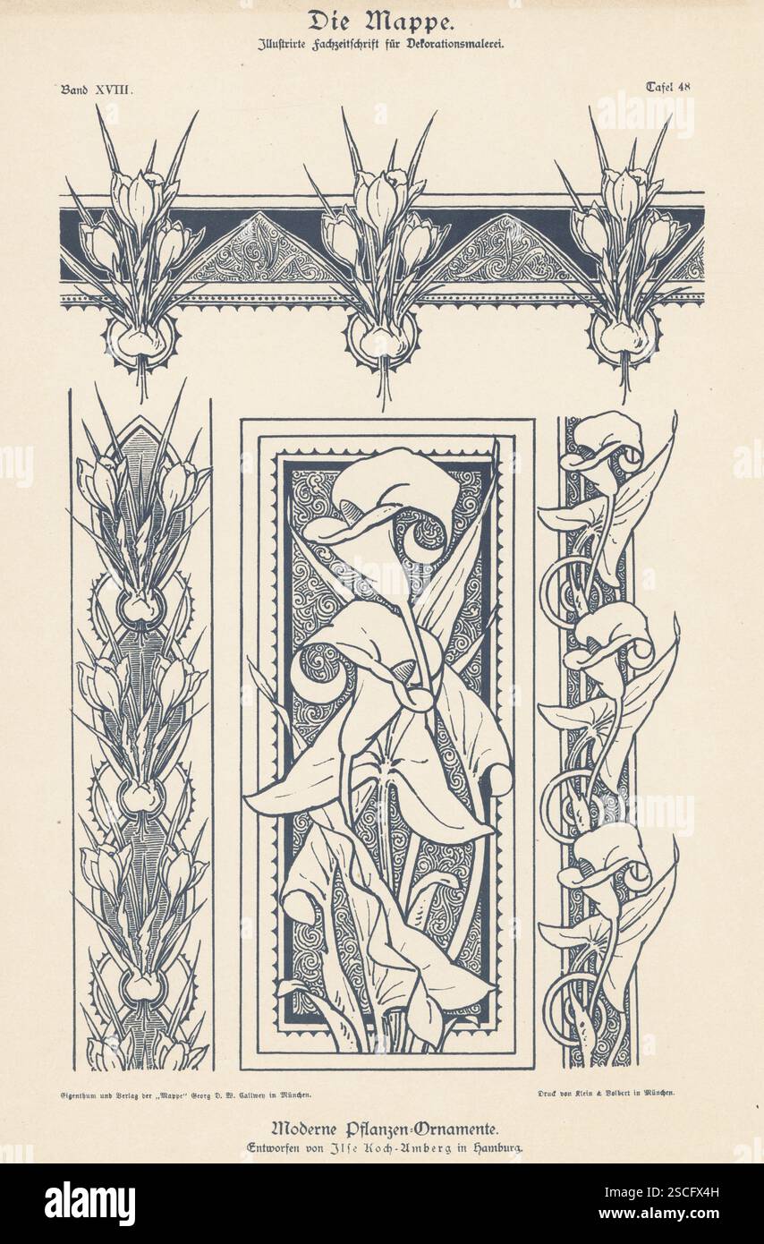 Ornement botanique moderne par Ilse Koch-Amberg de Hambourg, épouse de Hugo Amberg, bordures décorées de crocus et de lis. Moderne Pflanzen-Ornamente. Die Mappe, Vol. 18, PL. 48. Lithographie de Hans Kohler et Co., tirée de Ludwig Reisberger’s Die Mappe, Ilustrierte Fachzeitschrift fur Maler und verwandre Gewerbe, The Folder, Illustrated Trade Magazine for Painters, Munich (Allemagne), 1898. Banque D'Images