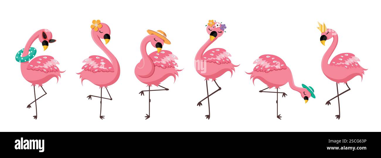 Jeu de cliparts de dessin rose Flamingo. Oiseau d'été mignon flamant clip art collection d'éléments de symbole tropical illustration vectorielle. Illustration de Vecteur