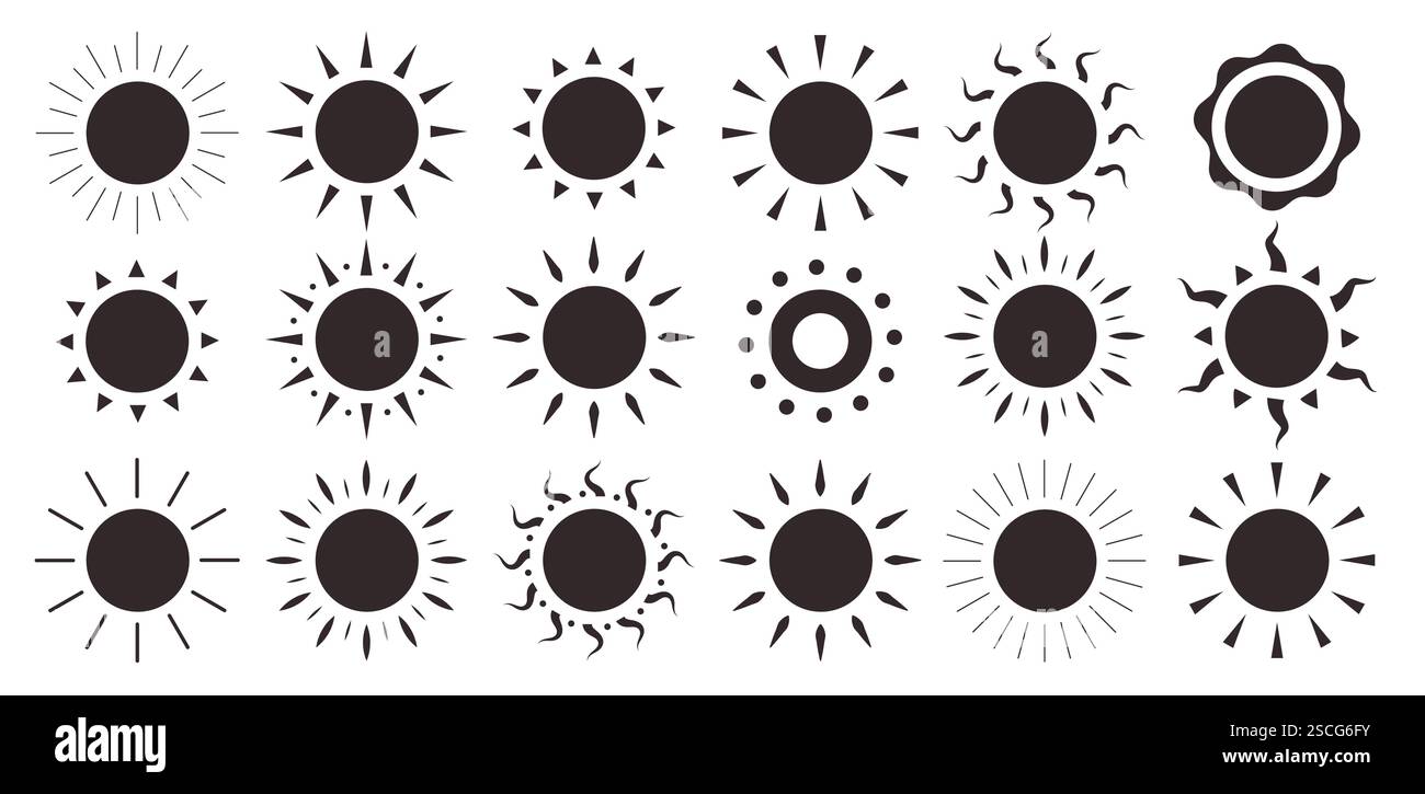 Ensemble clipart silhouette soleil. Logo noir du soleil et collection de clip art symbole avec illustration vectorielle d'icône de coucher de soleil. Illustration de Vecteur