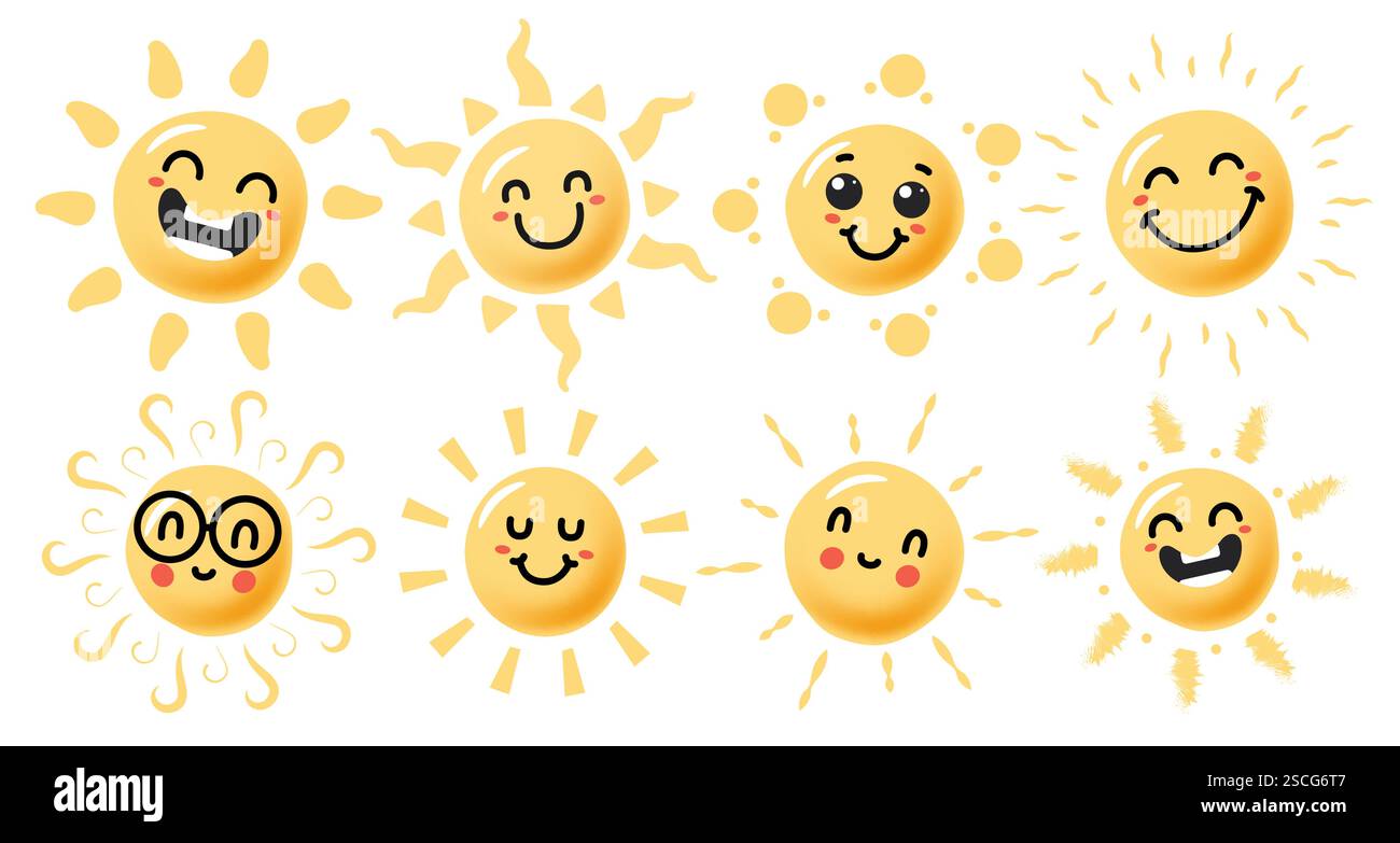 Visages joyeux du soleil dessinant ensemble de cliparts. Personnages de soleil jaune dans des émoticônes de visage heureux et mignon illustrations vectorielles clipart dessiné à la main. Illustration de Vecteur