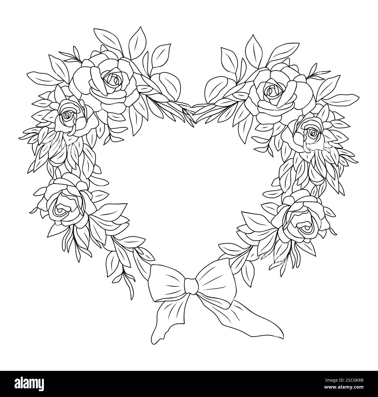 Cadre de couronne fleurie en forme de coeur avec fleurs roses Illustration de Vecteur