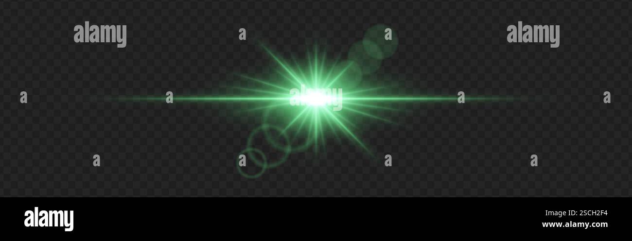 Lumière parasite verte brillante avec faisceaux rayonnants et anneaux lumineux sur un fond transparent foncé. L'effet de lueur horizontale symbolise l'illumination, l'énergie, Illustration de Vecteur