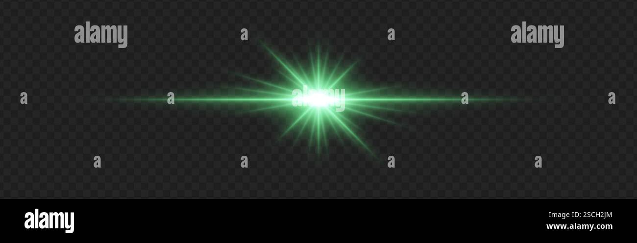 Lumière parasite verte brillante avec faisceaux rayonnants et anneaux lumineux sur un fond transparent foncé. L'effet de lueur horizontale symbolise l'illumination, l'énergie, Illustration de Vecteur
