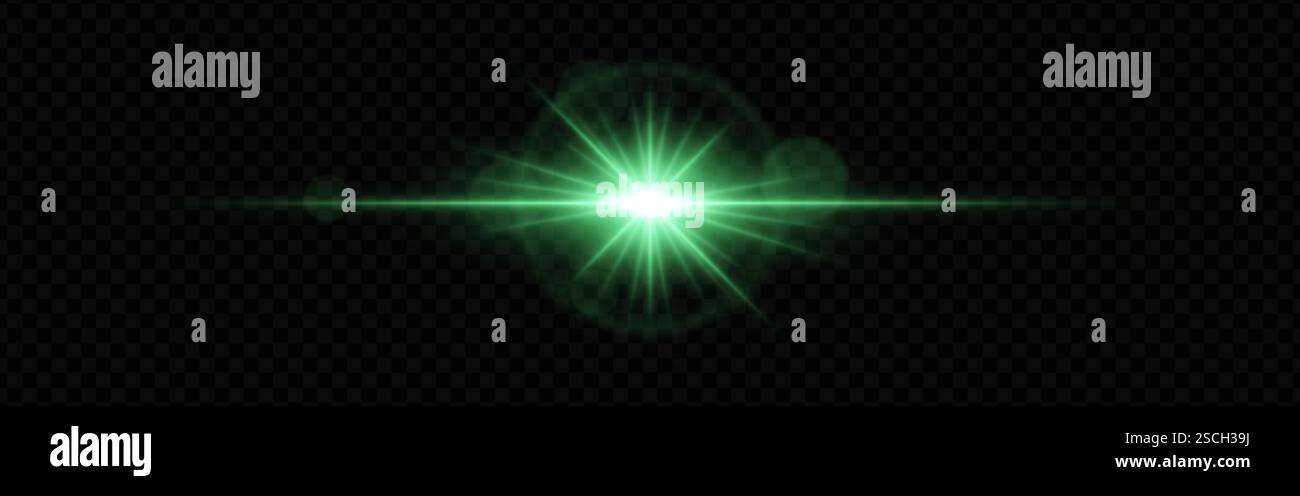 Lumière parasite verte brillante avec faisceaux rayonnants et anneaux lumineux sur un fond transparent foncé. L'effet de lueur horizontale symbolise l'illumination, l'énergie, Illustration de Vecteur