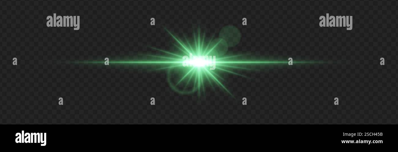 Lumière parasite verte brillante avec faisceaux rayonnants et anneaux lumineux sur un fond transparent foncé. L'effet de lueur horizontale symbolise l'illumination, l'énergie, Illustration de Vecteur
