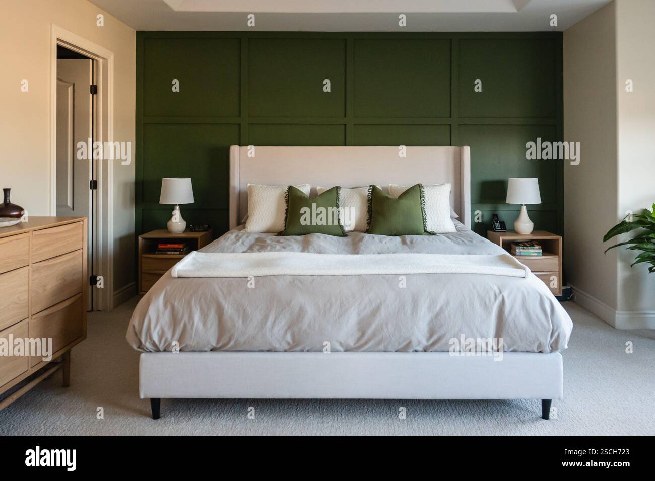 Grande chambre moderne du milieu du siècle avec mur d'accent vert. Banque D'Images