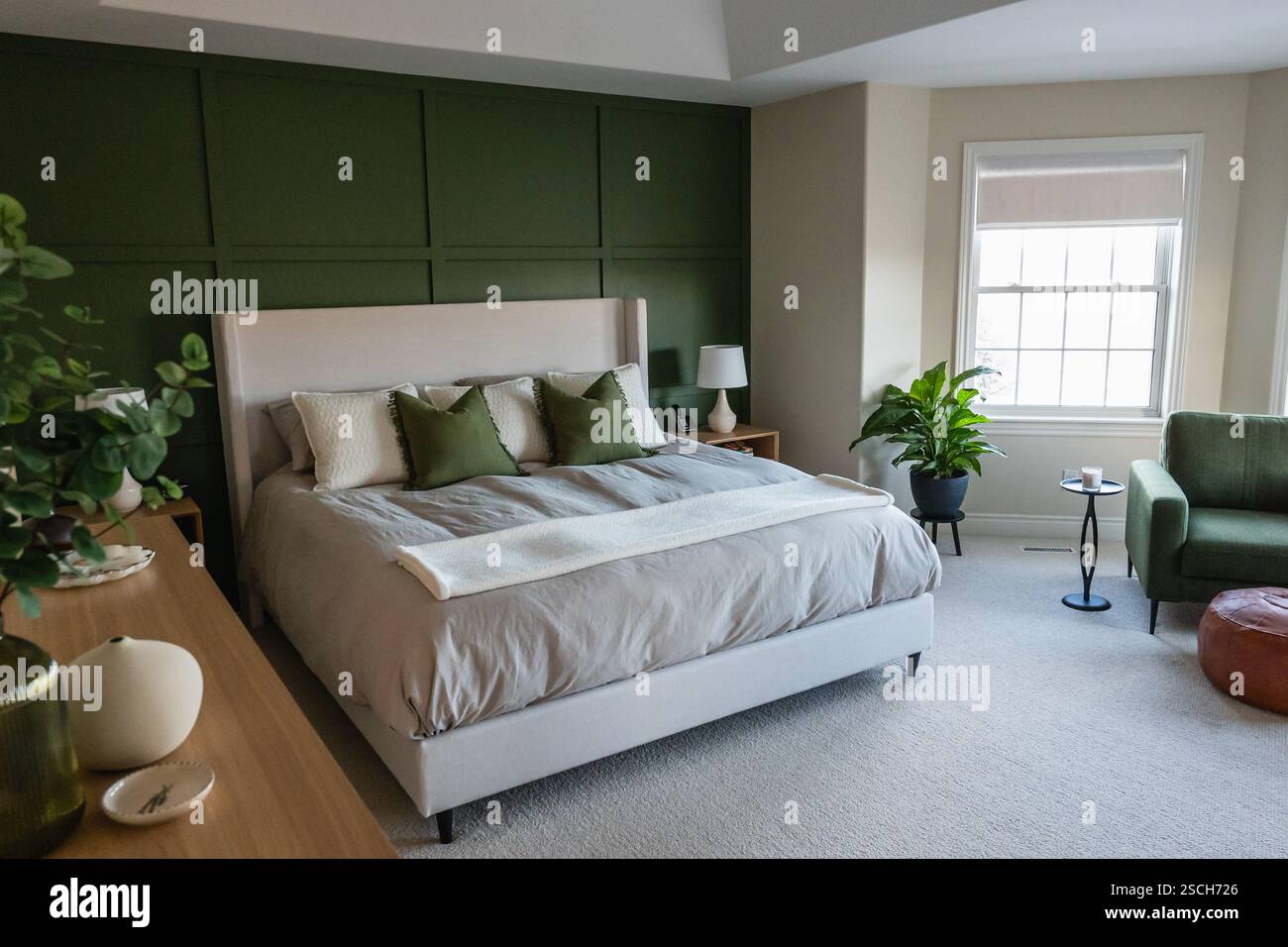 Grande chambre moderne du milieu du siècle avec mur d'accent vert. Banque D'Images