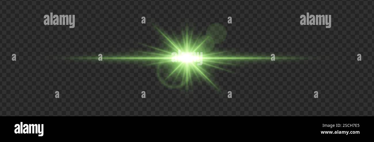 Lumière verte éclatante avec une lueur brillante et des reflets de lentille sur un fond sombre transparent. Des faisceaux rayonnants et une strie horizontale créent un futuristi Illustration de Vecteur