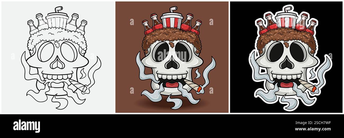 Boisson de cola à l'intérieur de la tête de crâne avec dessin animé de personnage fumant. Noir et blanc, couleur et style d'autocollant. Pour l'impression de T-shirt, logo de marque, étiquette et produit Illustration de Vecteur