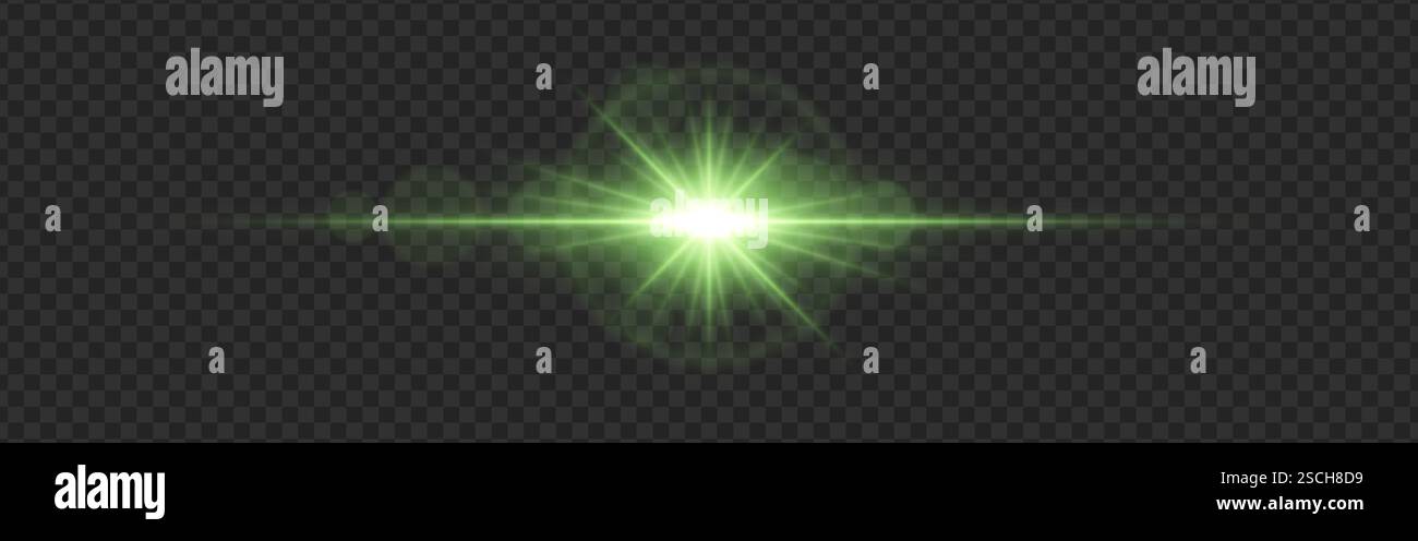 Lumière verte éclatante avec une lueur brillante et des reflets de lentille sur un fond sombre transparent. Des faisceaux rayonnants et une strie horizontale créent un futuristi Illustration de Vecteur